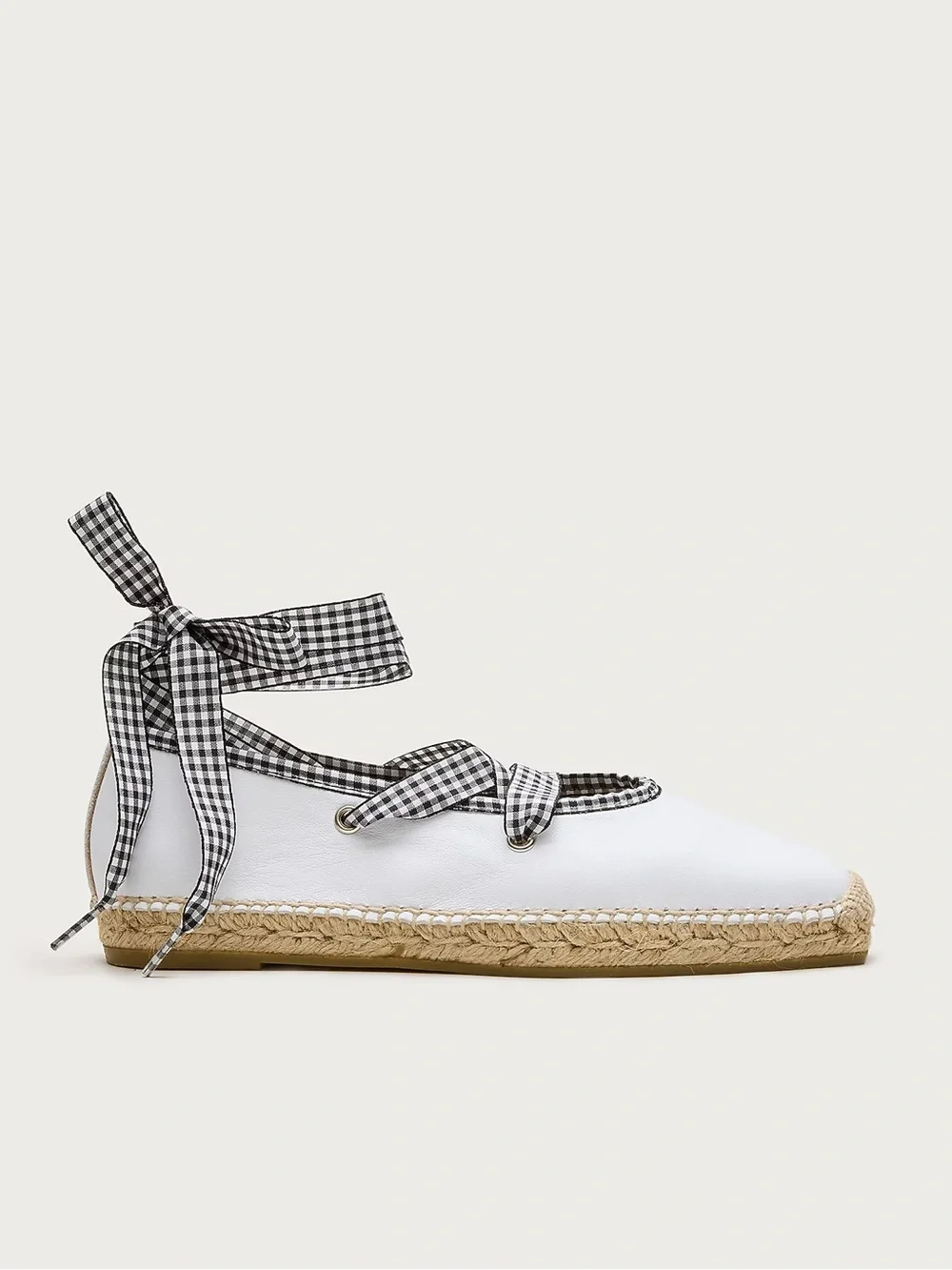J. Crew White Espadrille Ballet Flats with Black Gingham Ties
